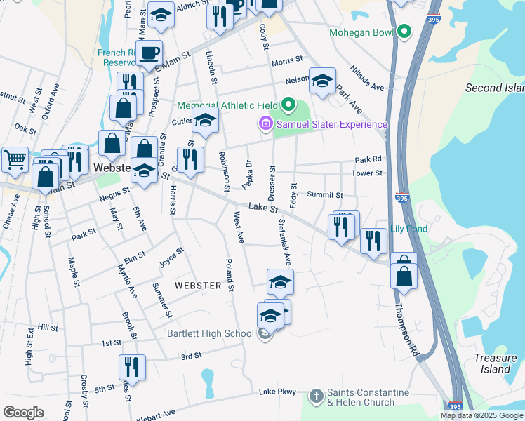 map of restaurants, bars, coffee shops, grocery stores, and more near 92 Lake Street in Webster