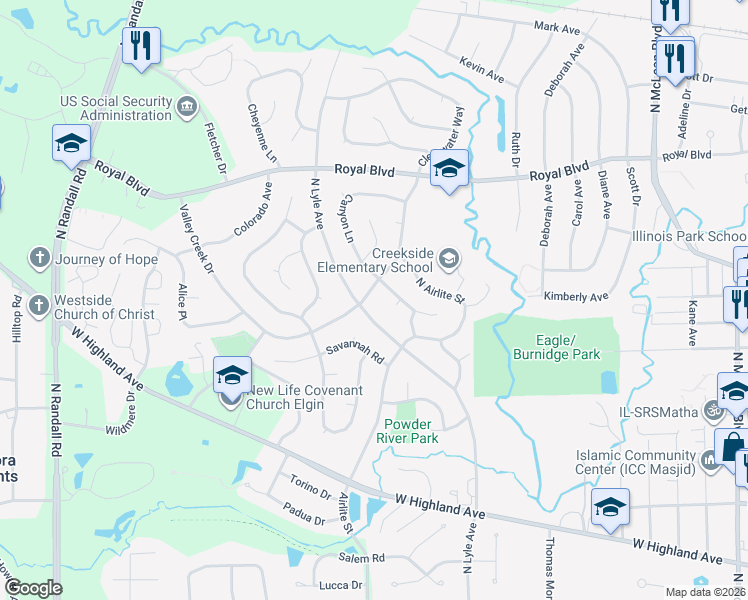 map of restaurants, bars, coffee shops, grocery stores, and more near 2085 Valley Creek Drive in Elgin