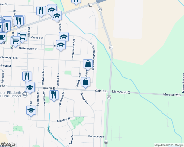 map of restaurants, bars, coffee shops, grocery stores, and more near 48 Sturgeon Meadows Avenue in Leamington