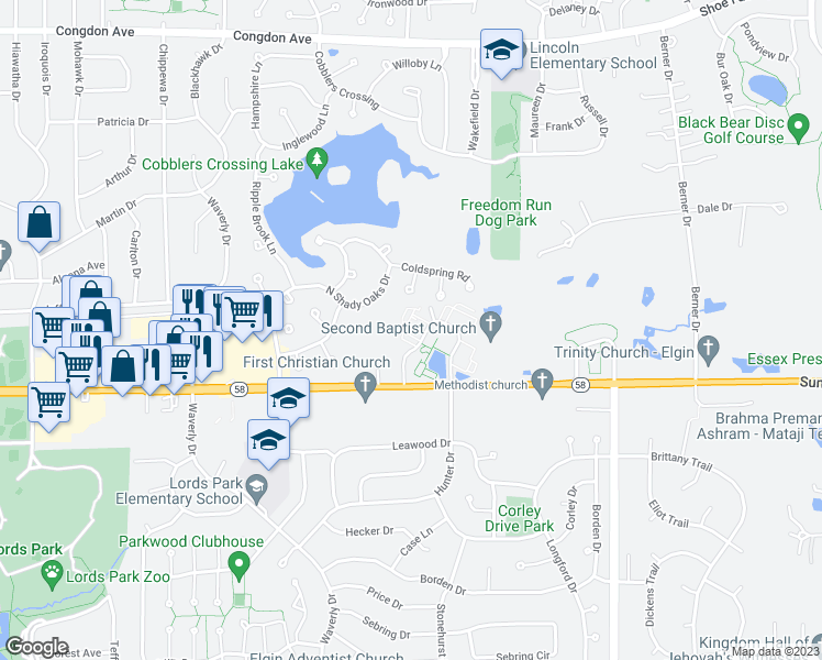 map of restaurants, bars, coffee shops, grocery stores, and more near 505 Kenneth Circle in Elgin