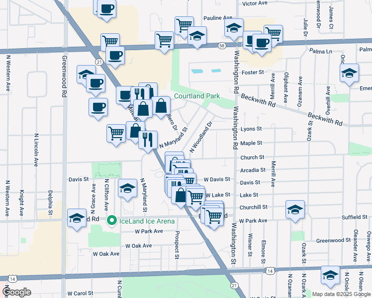 map of restaurants, bars, coffee shops, grocery stores, and more near 9221 Courtland Drive in Niles