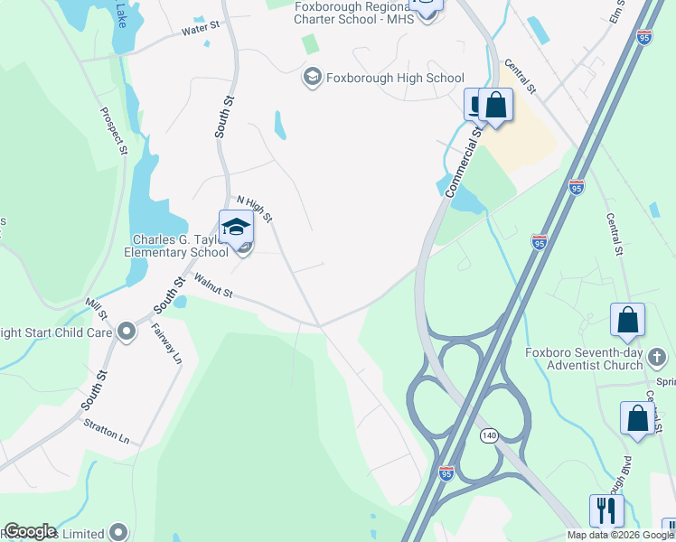 map of restaurants, bars, coffee shops, grocery stores, and more near 28 North High Street in Foxborough