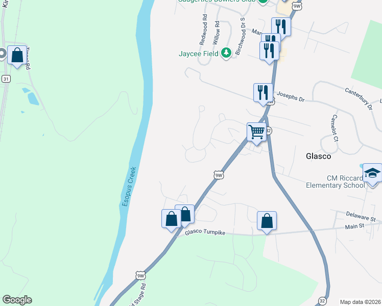 map of restaurants, bars, coffee shops, grocery stores, and more near 72 Tiger Maple Lane in Saugerties