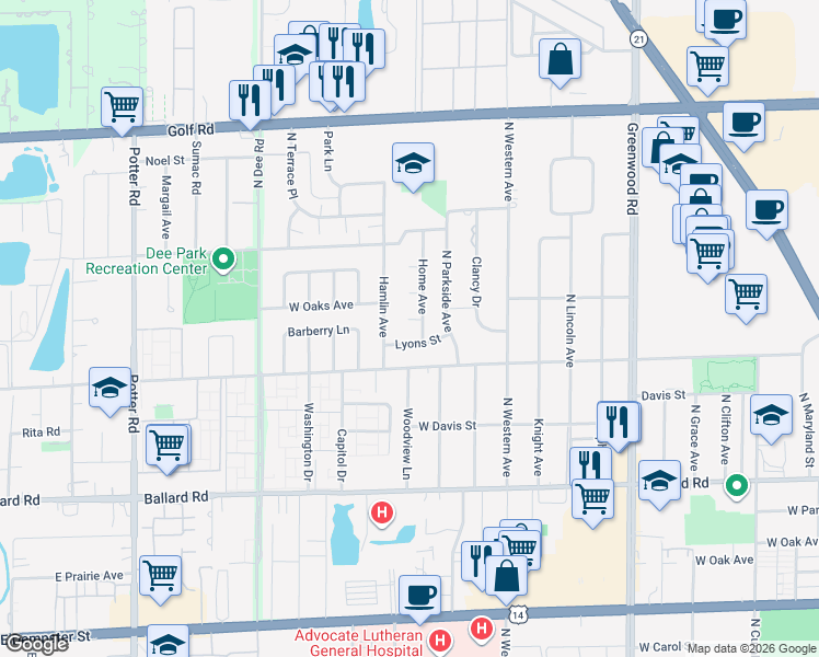 map of restaurants, bars, coffee shops, grocery stores, and more near 8940 Lyons Street in Des Plaines