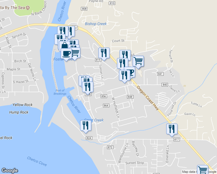map of restaurants, bars, coffee shops, grocery stores, and more near 97879 Acacia Lane in Brookings