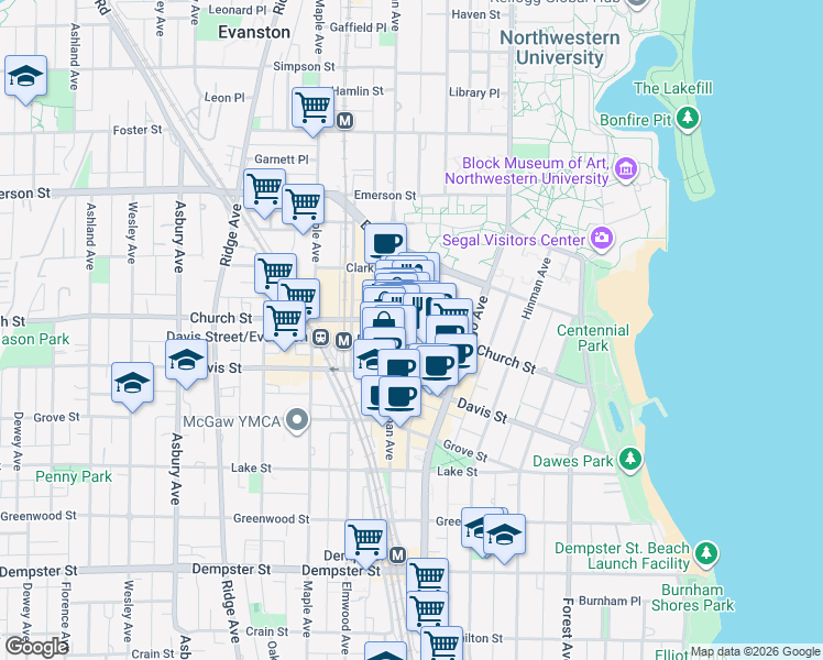 map of restaurants, bars, coffee shops, grocery stores, and more near 1638 Orrington Avenue in Evanston