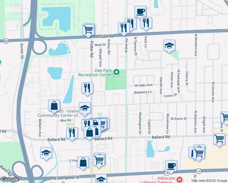 map of restaurants, bars, coffee shops, grocery stores, and more near 9254 Barberry Lane in Des Plaines