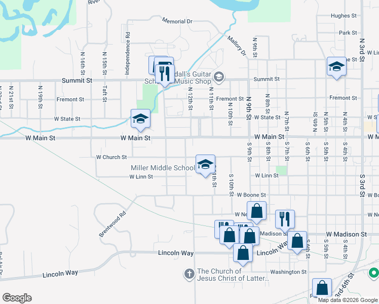 map of restaurants, bars, coffee shops, grocery stores, and more near 1115 West Church Street in Marshalltown