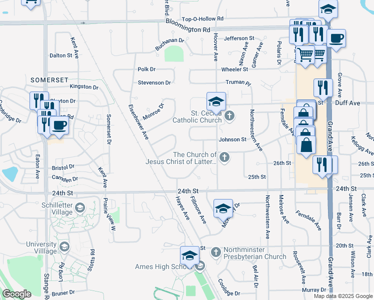 map of restaurants, bars, coffee shops, grocery stores, and more near 1614 Pierce Circle in Ames