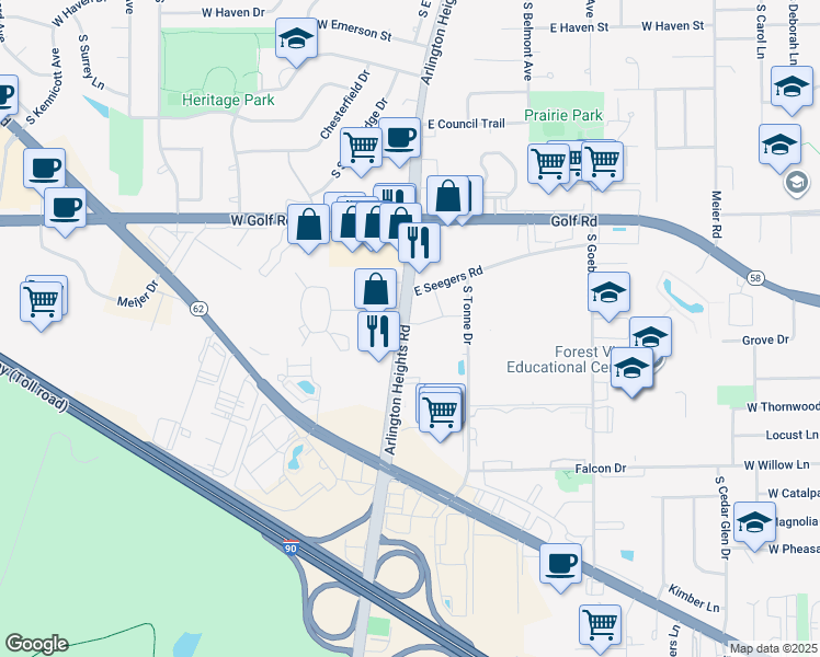map of restaurants, bars, coffee shops, grocery stores, and more near 2035 South Arlington Heights Road in Arlington Heights