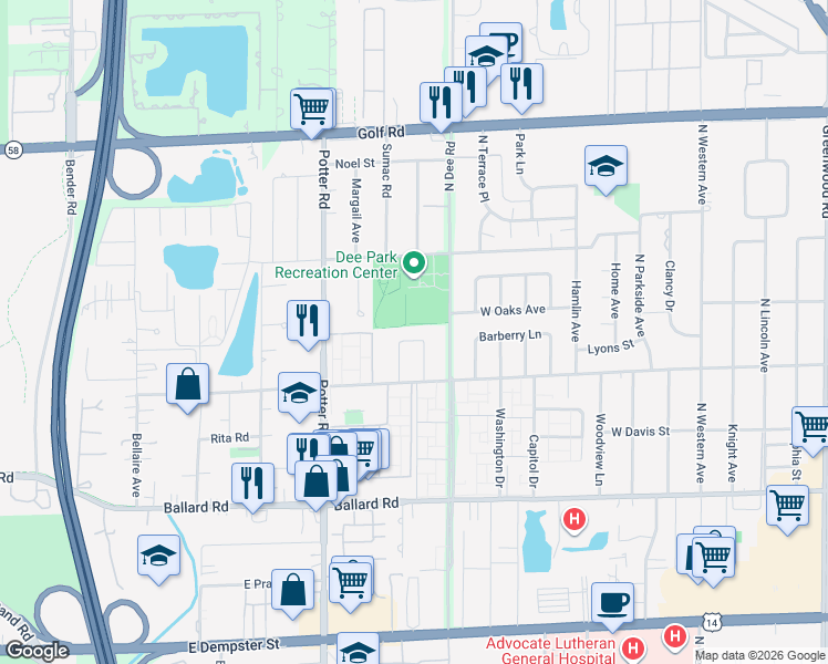 map of restaurants, bars, coffee shops, grocery stores, and more near 9254 Barberry Ln in Des Plaines