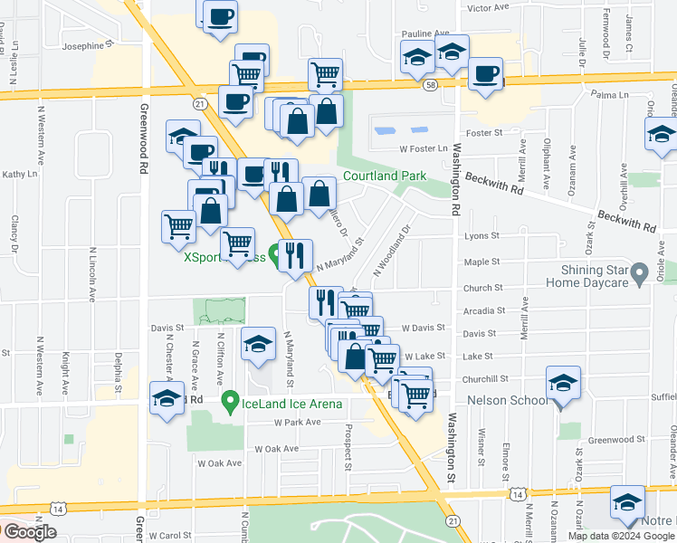 map of restaurants, bars, coffee shops, grocery stores, and more near 9201 North Milwaukee Avenue in Niles