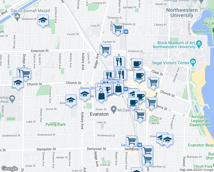 map of restaurants, bars, coffee shops, grocery stores, and more near 1100 Church Street in Evanston