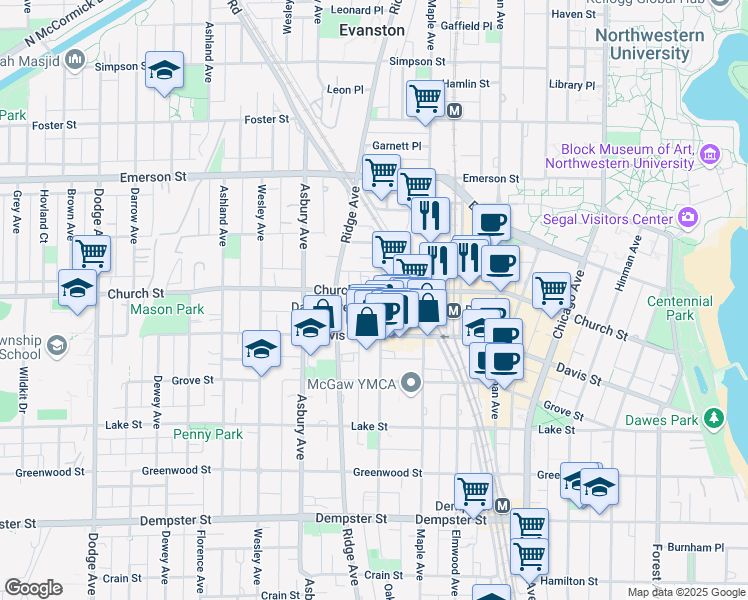 map of restaurants, bars, coffee shops, grocery stores, and more near 1100 Church Street in Evanston