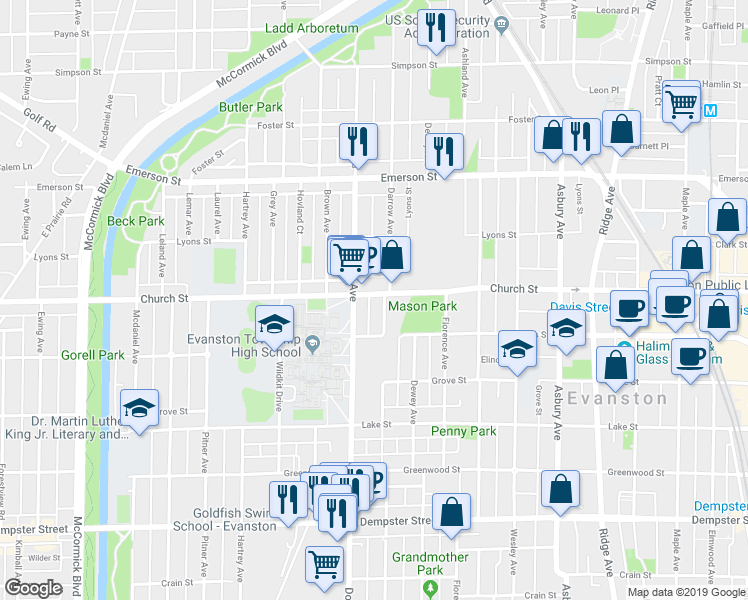 map of restaurants, bars, coffee shops, grocery stores, and more near 1720 Church Street in Evanston