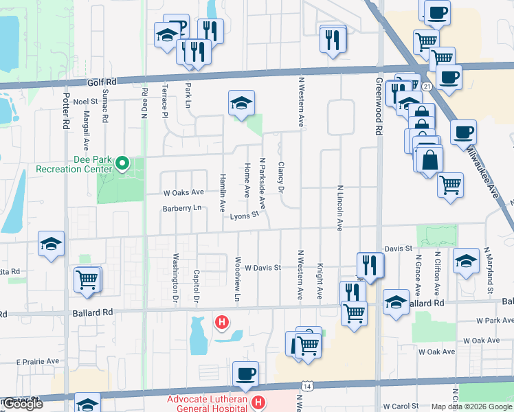 map of restaurants, bars, coffee shops, grocery stores, and more near 9241 North Parkside Drive in Des Plaines