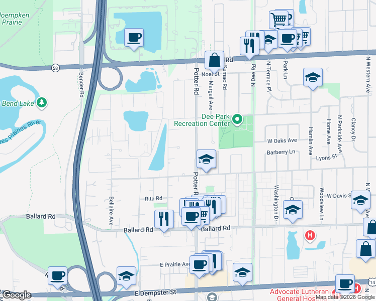 map of restaurants, bars, coffee shops, grocery stores, and more near 287 Good Court in Des Plaines