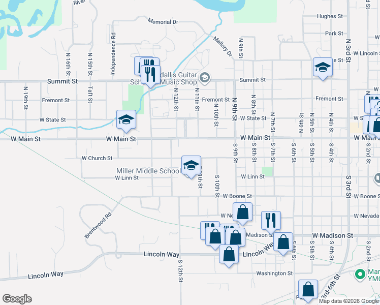 map of restaurants, bars, coffee shops, grocery stores, and more near 1101-1199 West Church Street in Marshalltown