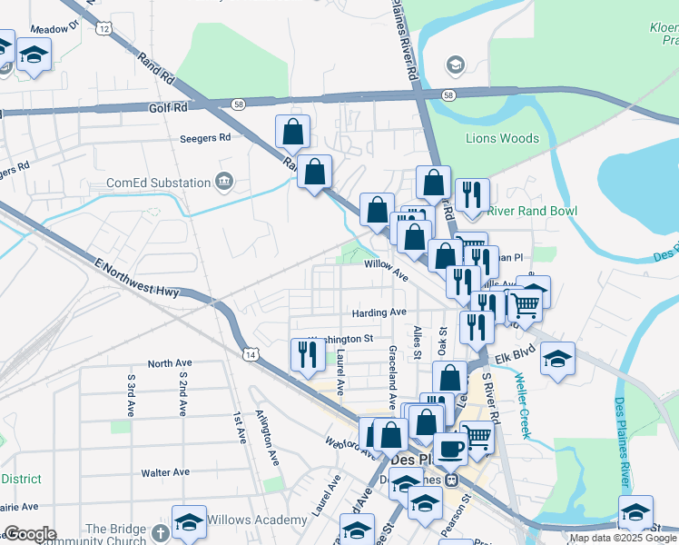 map of restaurants, bars, coffee shops, grocery stores, and more near 1248 Evergreen Avenue in Des Plaines