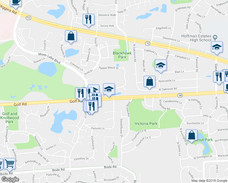 map of restaurants, bars, coffee shops, grocery stores, and more near 1755 Pebble Beach Drive in Hoffman Estates