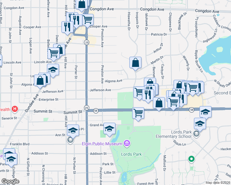 map of restaurants, bars, coffee shops, grocery stores, and more near 717 Jefferson Avenue in Elgin