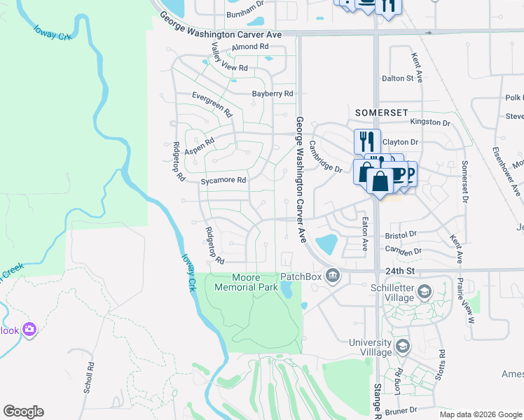 map of restaurants, bars, coffee shops, grocery stores, and more near 2715 Valley View Road in Ames