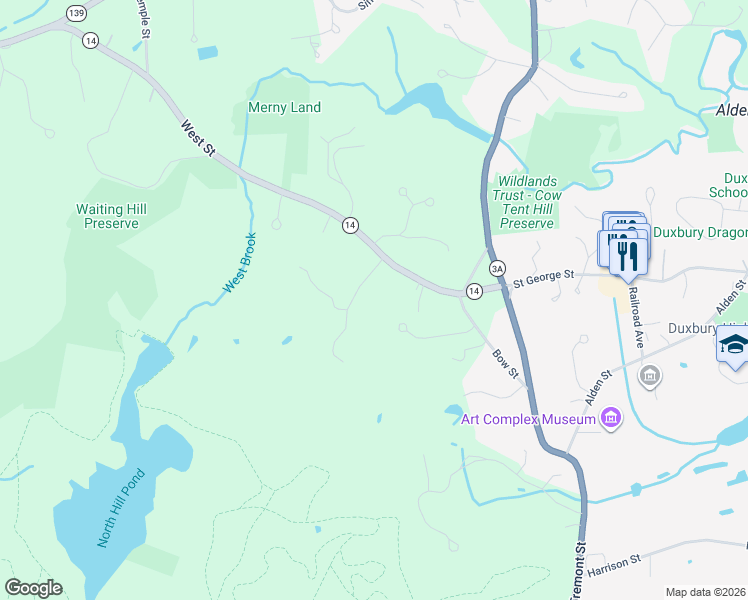 map of restaurants, bars, coffee shops, grocery stores, and more near 95 West Street in Duxbury