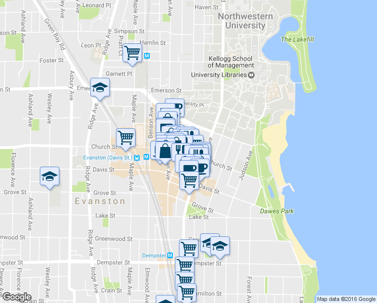 map of restaurants, bars, coffee shops, grocery stores, and more near 615 Church St in Evanston