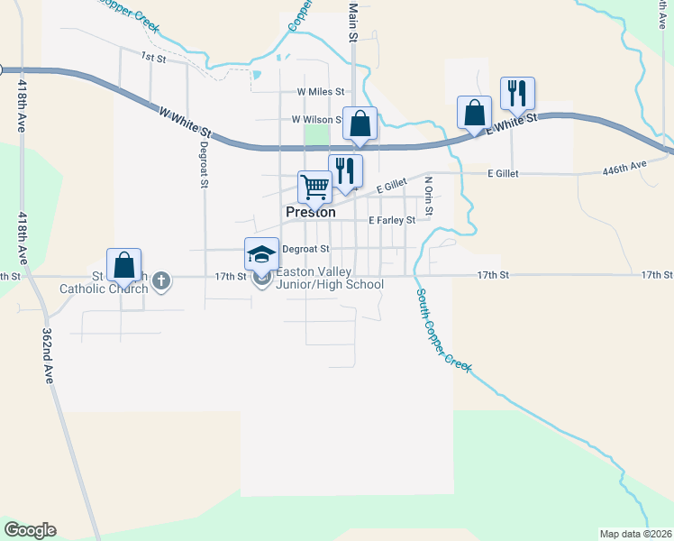 map of restaurants, bars, coffee shops, grocery stores, and more near 1-99 W School St in Preston