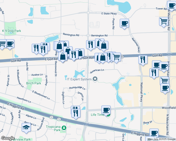 map of restaurants, bars, coffee shops, grocery stores, and more near 1027 North Plum Grove Road in Schaumburg