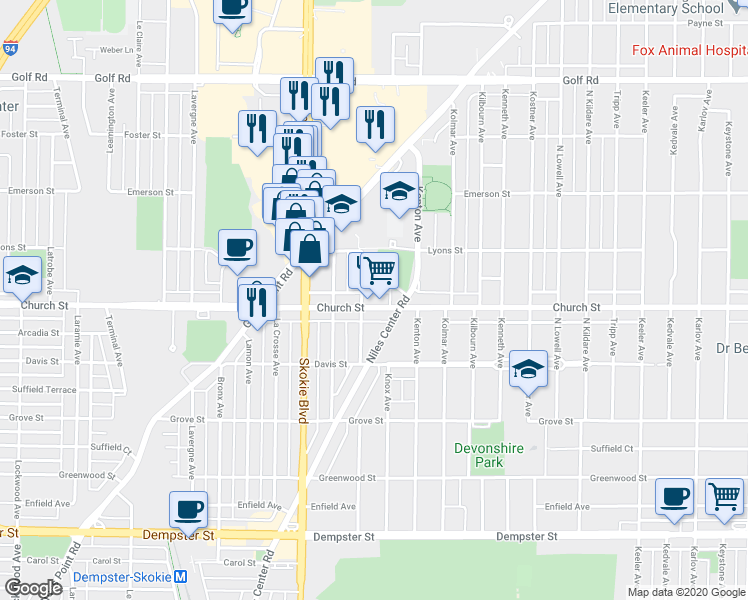 map of restaurants, bars, coffee shops, grocery stores, and more near 4651 Church Street in Skokie