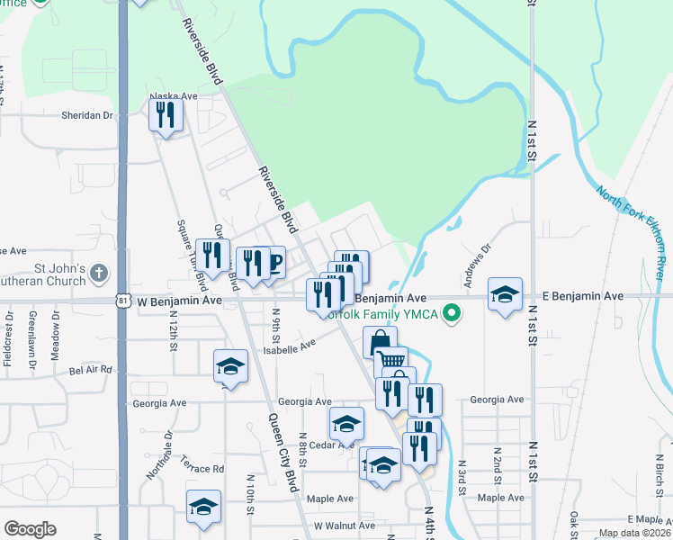 map of restaurants, bars, coffee shops, grocery stores, and more near 711 Country Club Road in Norfolk