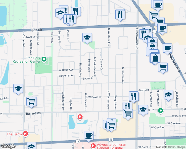 map of restaurants, bars, coffee shops, grocery stores, and more near 9241 North Parkside Drive in Des Plaines