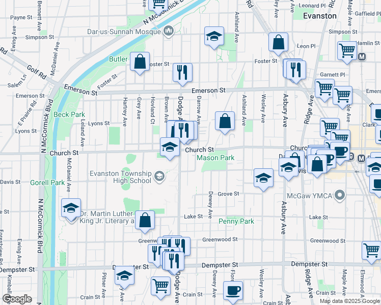 map of restaurants, bars, coffee shops, grocery stores, and more near 1720 Church Street in Evanston