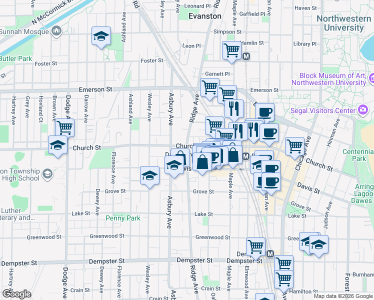 map of restaurants, bars, coffee shops, grocery stores, and more near 1641 Ridge Avenue in Evanston
