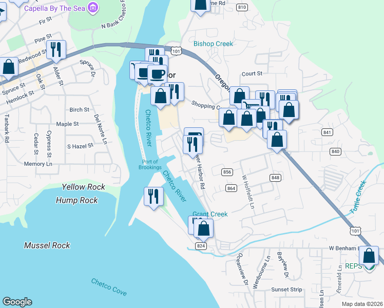 map of restaurants, bars, coffee shops, grocery stores, and more near 16220 Lower Harbor Road in Brookings