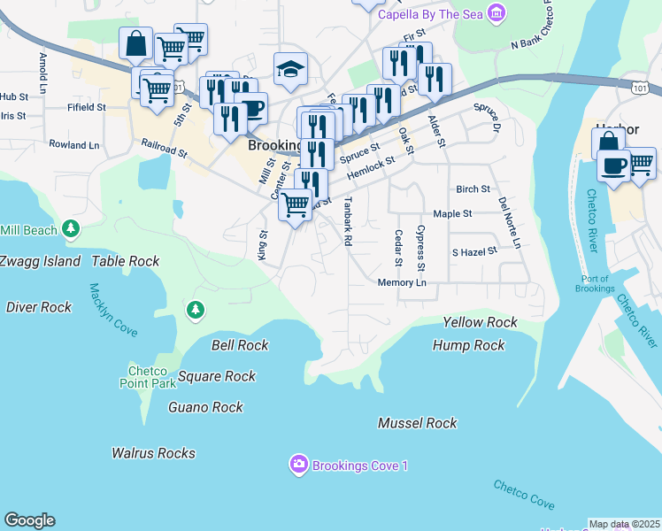 map of restaurants, bars, coffee shops, grocery stores, and more near 211 Tanbark Road in Brookings