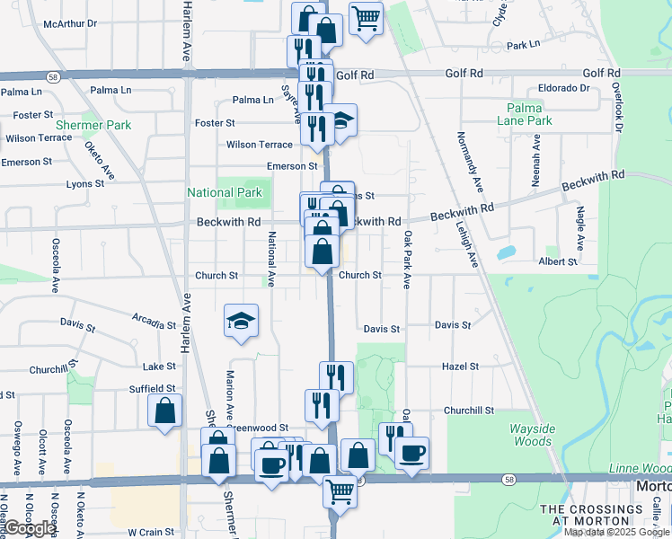 map of restaurants, bars, coffee shops, grocery stores, and more near 9210 Waukegan Road in Morton Grove