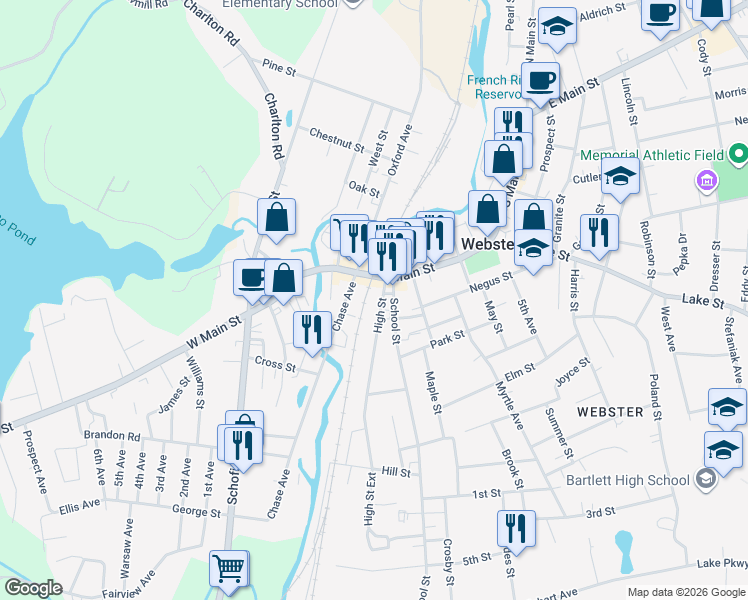 map of restaurants, bars, coffee shops, grocery stores, and more near 60 School Street in Webster