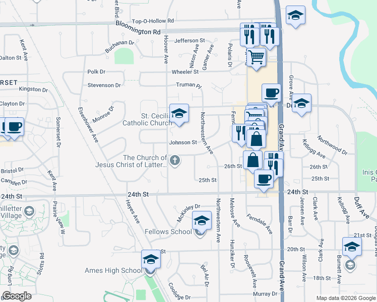 map of restaurants, bars, coffee shops, grocery stores, and more near 1311 28th Street in Ames