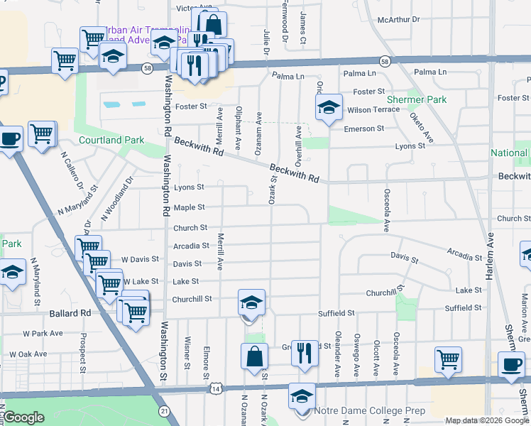 map of restaurants, bars, coffee shops, grocery stores, and more near 9207 Ozark Street in Morton Grove