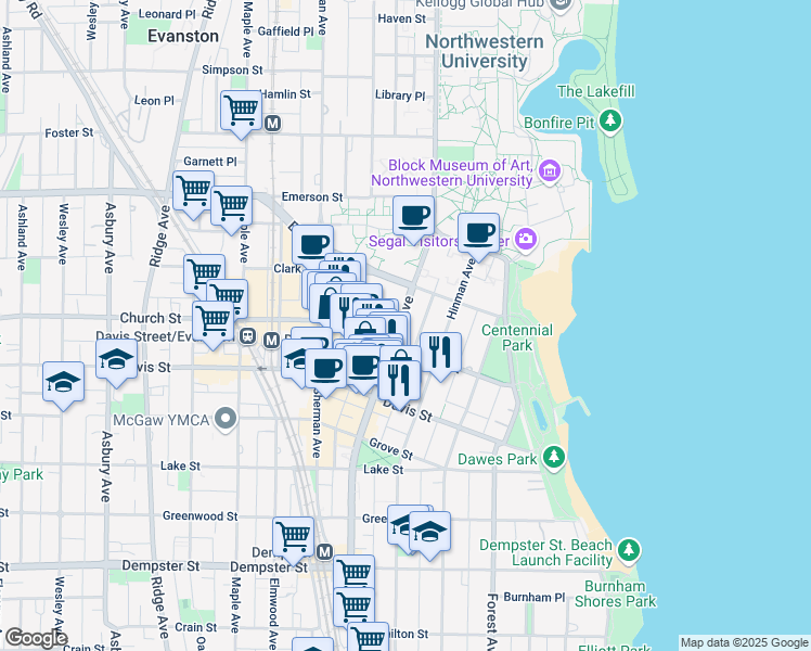 map of restaurants, bars, coffee shops, grocery stores, and more near 1700 Hinman Avenue in Evanston