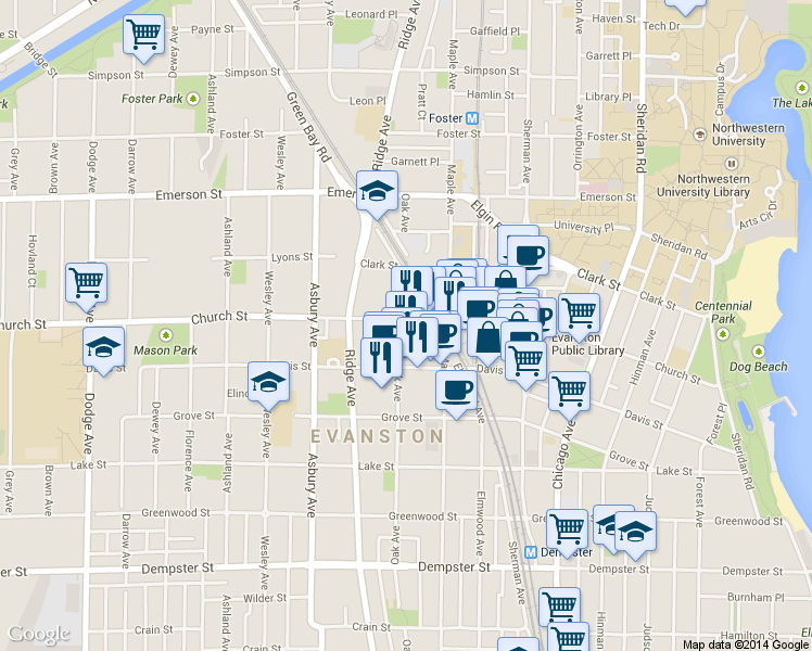 map of restaurants, bars, coffee shops, grocery stores, and more near 1100 Church Street in Evanston