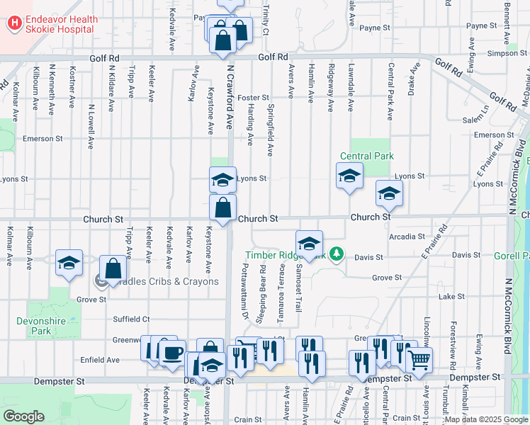map of restaurants, bars, coffee shops, grocery stores, and more near 3912 Church Street in Evanston