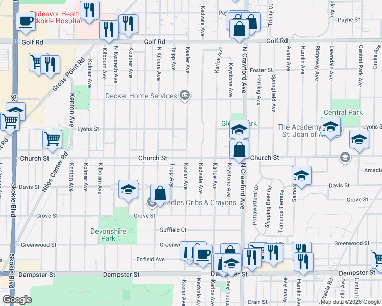 map of restaurants, bars, coffee shops, grocery stores, and more near in Skokie