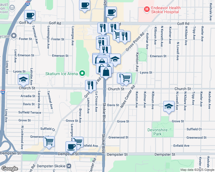 map of restaurants, bars, coffee shops, grocery stores, and more near in Skokie