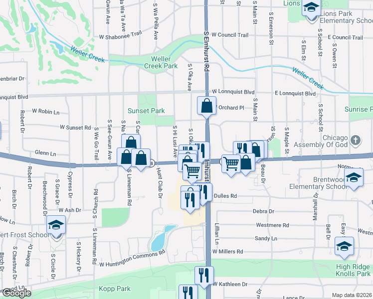 map of restaurants, bars, coffee shops, grocery stores, and more near 919 South I Oka Avenue in Mount Prospect
