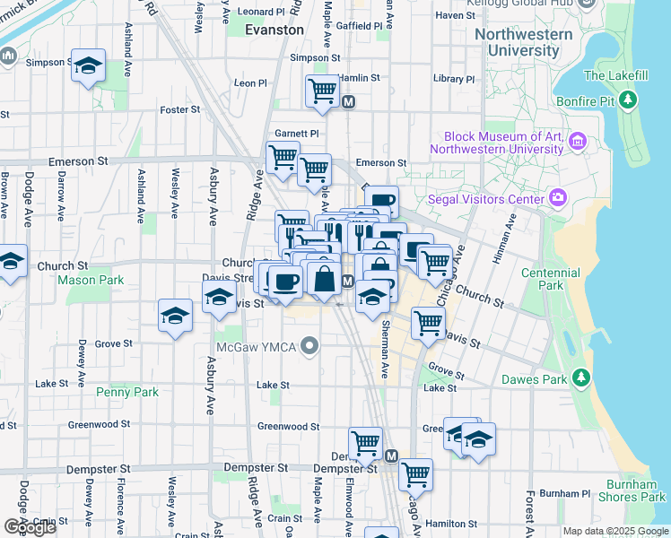 map of restaurants, bars, coffee shops, grocery stores, and more near 1612 Benson Avenue in Evanston