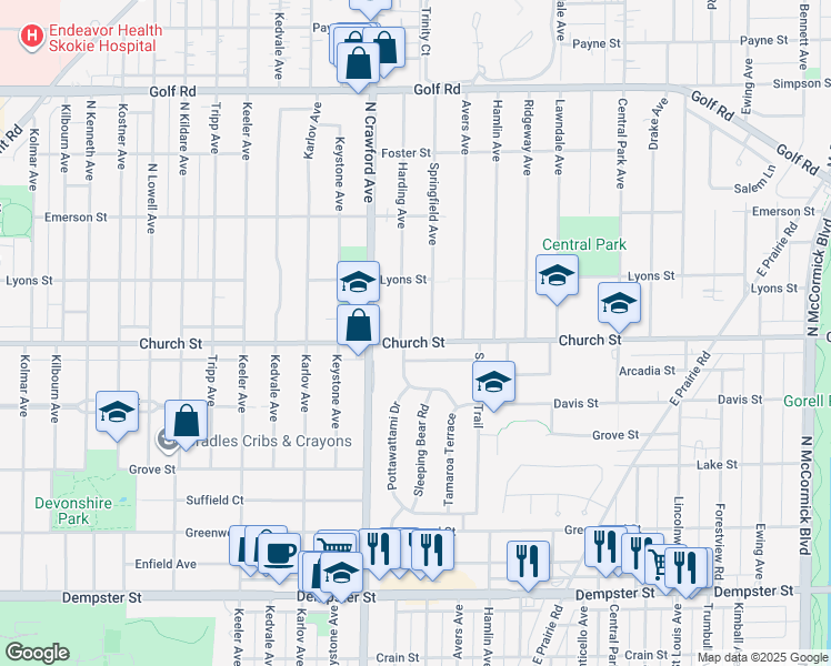map of restaurants, bars, coffee shops, grocery stores, and more near 3912 Church Street in Evanston