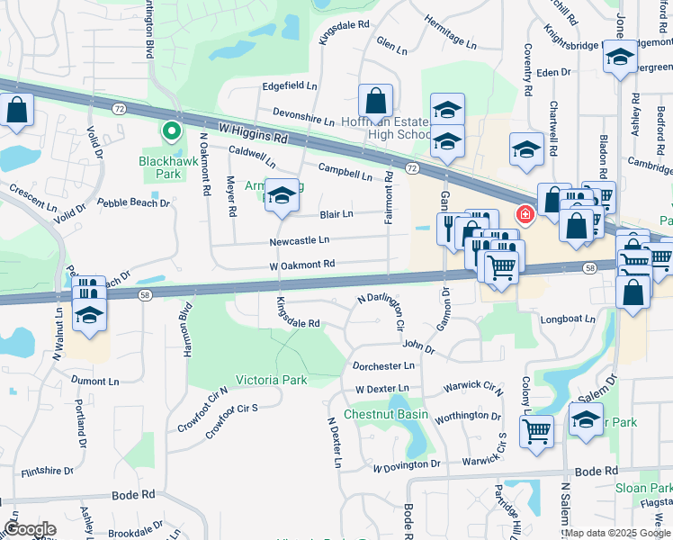 map of restaurants, bars, coffee shops, grocery stores, and more near 1333 West Oakmont Road in Hoffman Estates